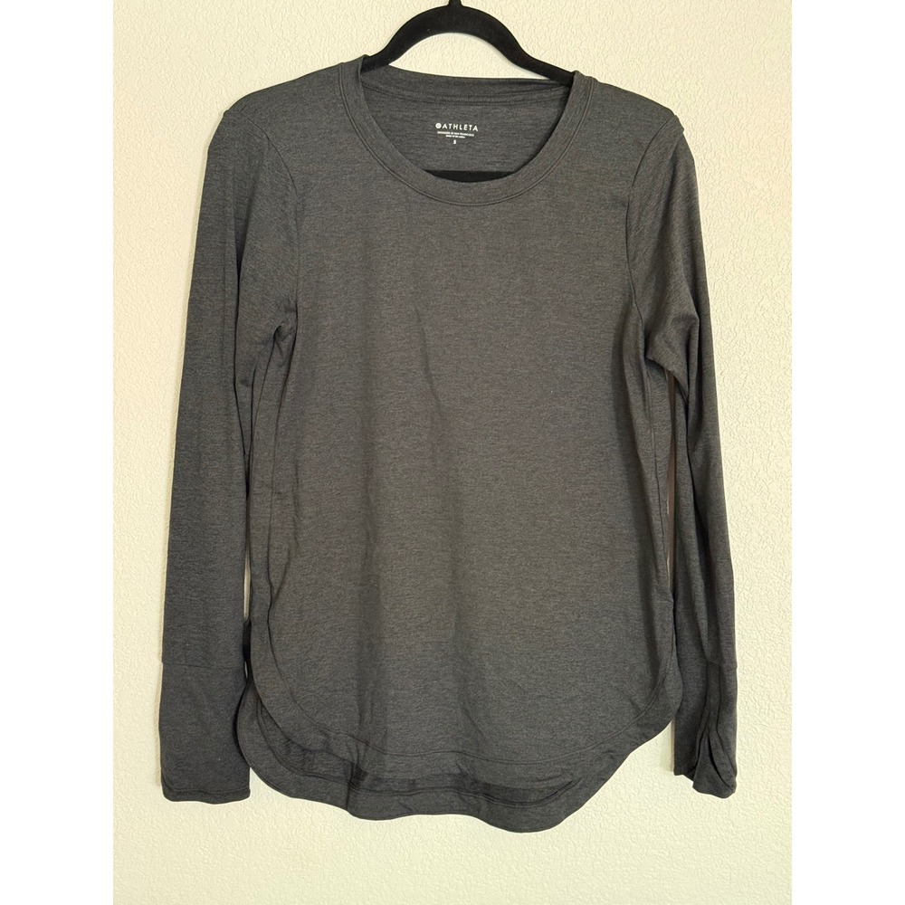 Athleta Uptempo Long Sleeve Top Dark Heather Gray Curved Hem Thumbholes Small